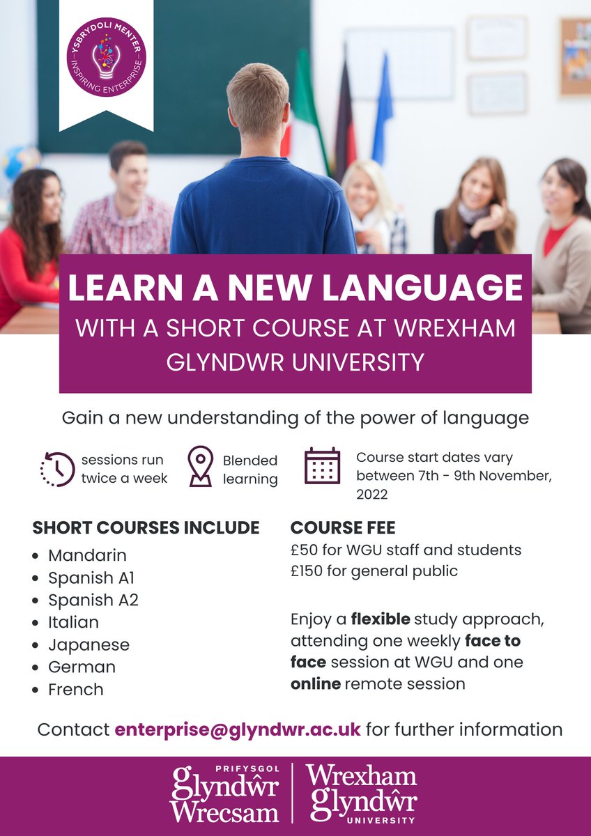 Gain a new understanding of the power of language with a short course at @GlyndwrUni 🌎 Immerse yourself in a new culture 💼 Enhance your career prospects 📢 Become an improved communicator 🤝 Form new connections Booking links close THIS week glyndwr.ac.uk/courses/short-…