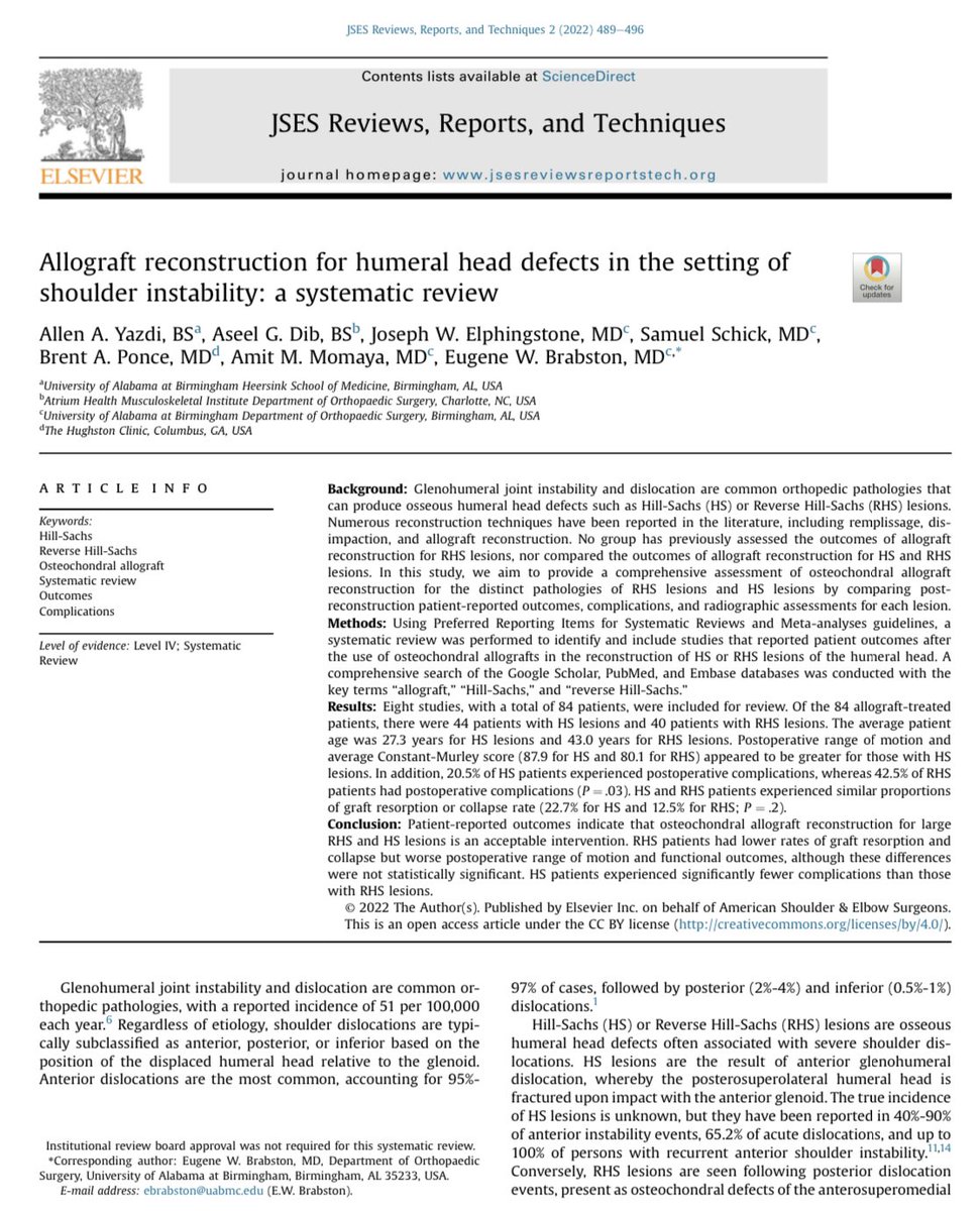 Check out our recent study on using allografts for large Hills-Sachs lesions on the humeral head in setting of shoulder instability. <a href="/UABSportsMed/">UAB Sports & Exercise Medicine</a> <a href="/UABOrtho/">UAB Department of Orthopaedic Surgery</a> <a href="/uabmedicine/">UAB Medicine</a> <a href="/allenyazdi/">Allen Yazdi</a> <a href="/JSESMedia/">JSES</a>