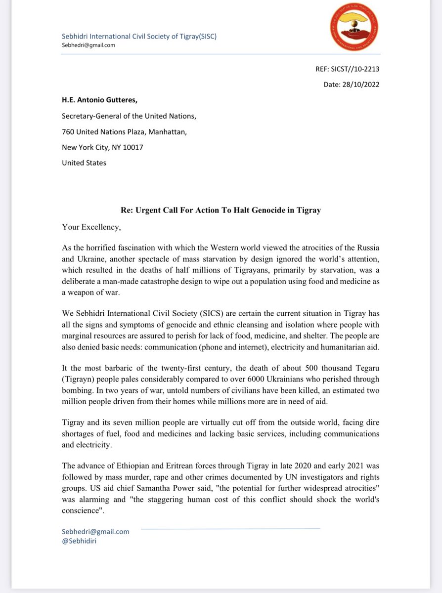 Tigrai_TV's tweet photo. Sebhidri International Civil Society Writes to UNSG @antonioguterres 

#Tigray #TigrayGenocide https://t.co/69LfC1gQOo