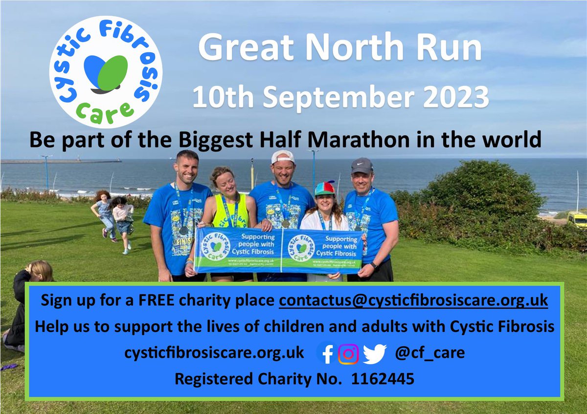cf_care's tweet image. We have places available for the Great North Run 2023 🏃🏃‍♀️

Email us today to reserve your spot and run for Cystic Fibrosis Care 💙💚