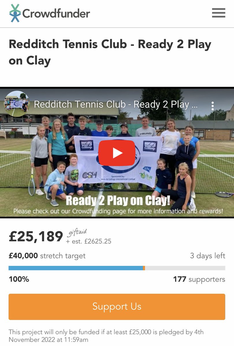 RedditchTennis's tweet photo. *Crowdfunder Update* 

We are very happy to announce that we have reached our target of £25k in just over 5 weeks and have received the £10k funding from Sport England to have 2 ITF Approved Red Plus Clay courts here at RTC! 

We could not have done it without all your support! https://t.co/Fv1ecumb06