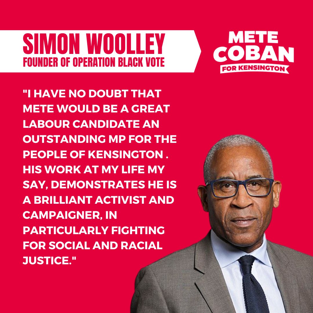 There are very few people who have done more to engage Black and Global Majority voters in politics than Simon Woolley - the founder of Operation Black Vote. I’m truly humbled to have his support to be Kensington’s next Labour MP ✊🏼✊🏾