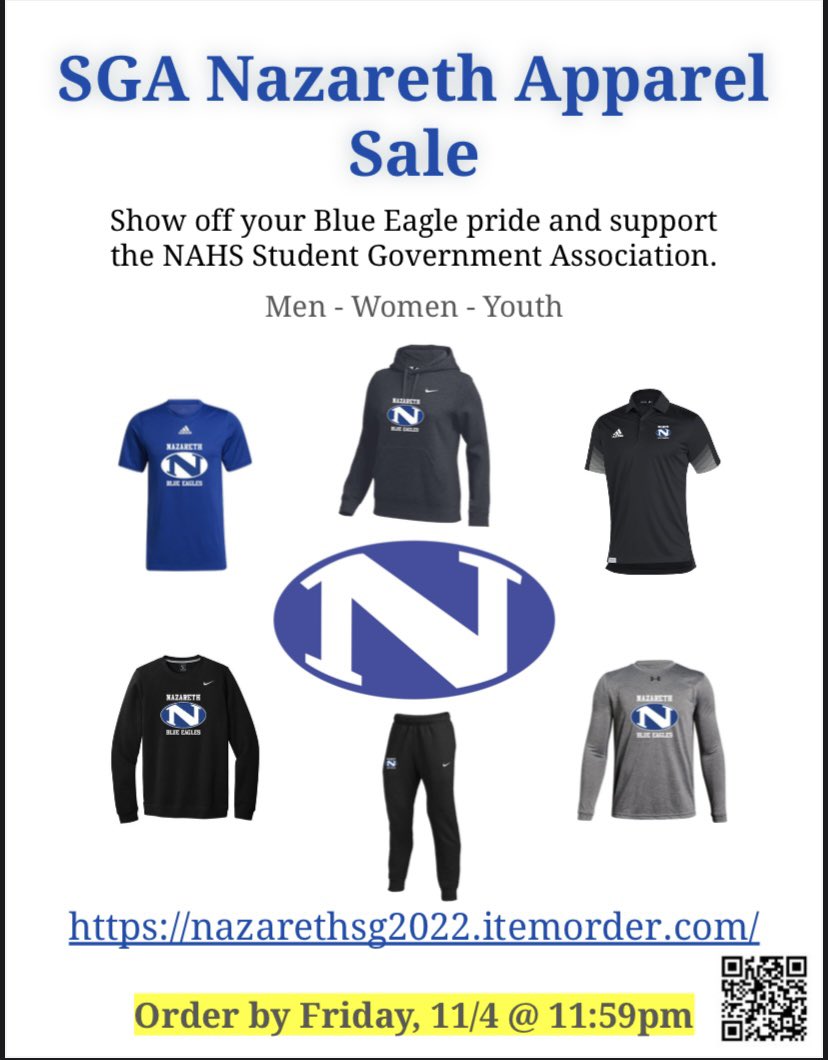 ‼️Students: Order your Naz merch today from brands like Nike, Adidas &amp; Under Armour‼️ Support the Blue Eagles and SGA by this Friday, 11/4🦅 @NazHSPrincipal <a href="/NAHSBlueEagles/">Nazareth Athletics</a> <a href="/TGostony/">Trischia Gostony</a>