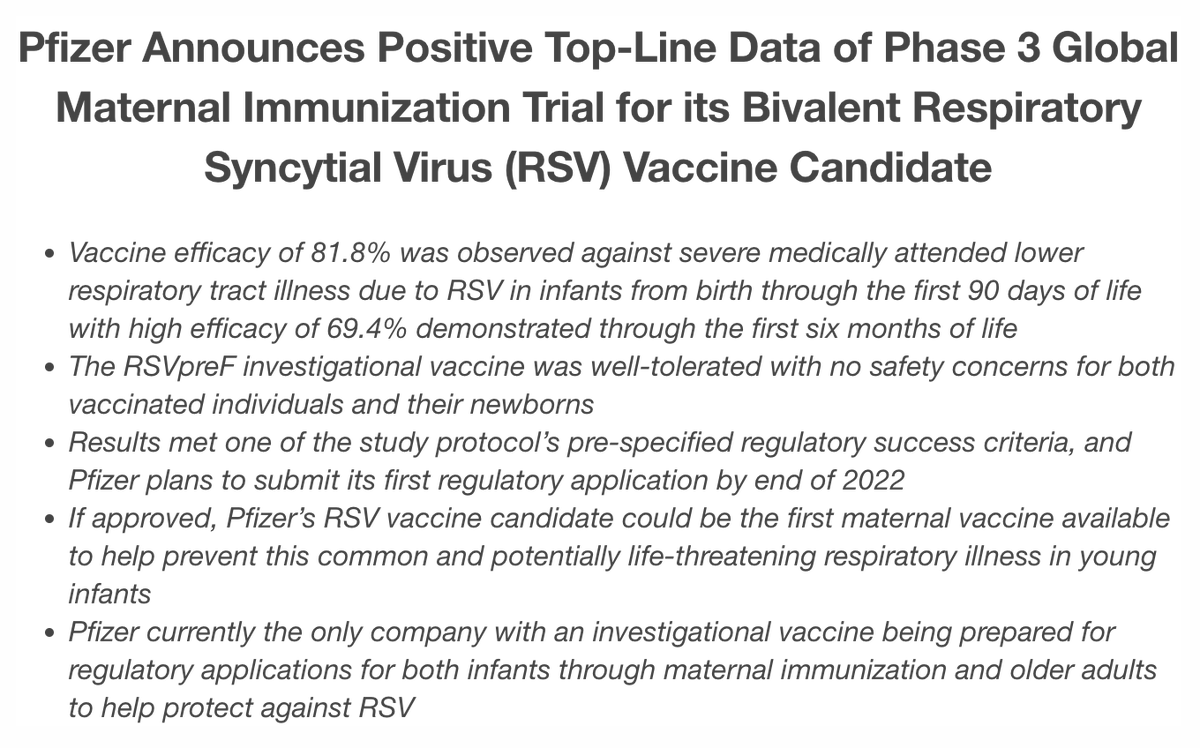 BogochIsaac's tweet photo. A new RSV vaccine has high efficacy VS severe infection in infants in this Phase 3 clinical trial.🙂

RSV can cause severe illness in young children &amp; the elderly. A vaccine is most welcome.

Looking forward to reading peer-reviewed paper.

Press Release: https://t.co/0apTskXkKg https://t.co/YKLuVvkRCf