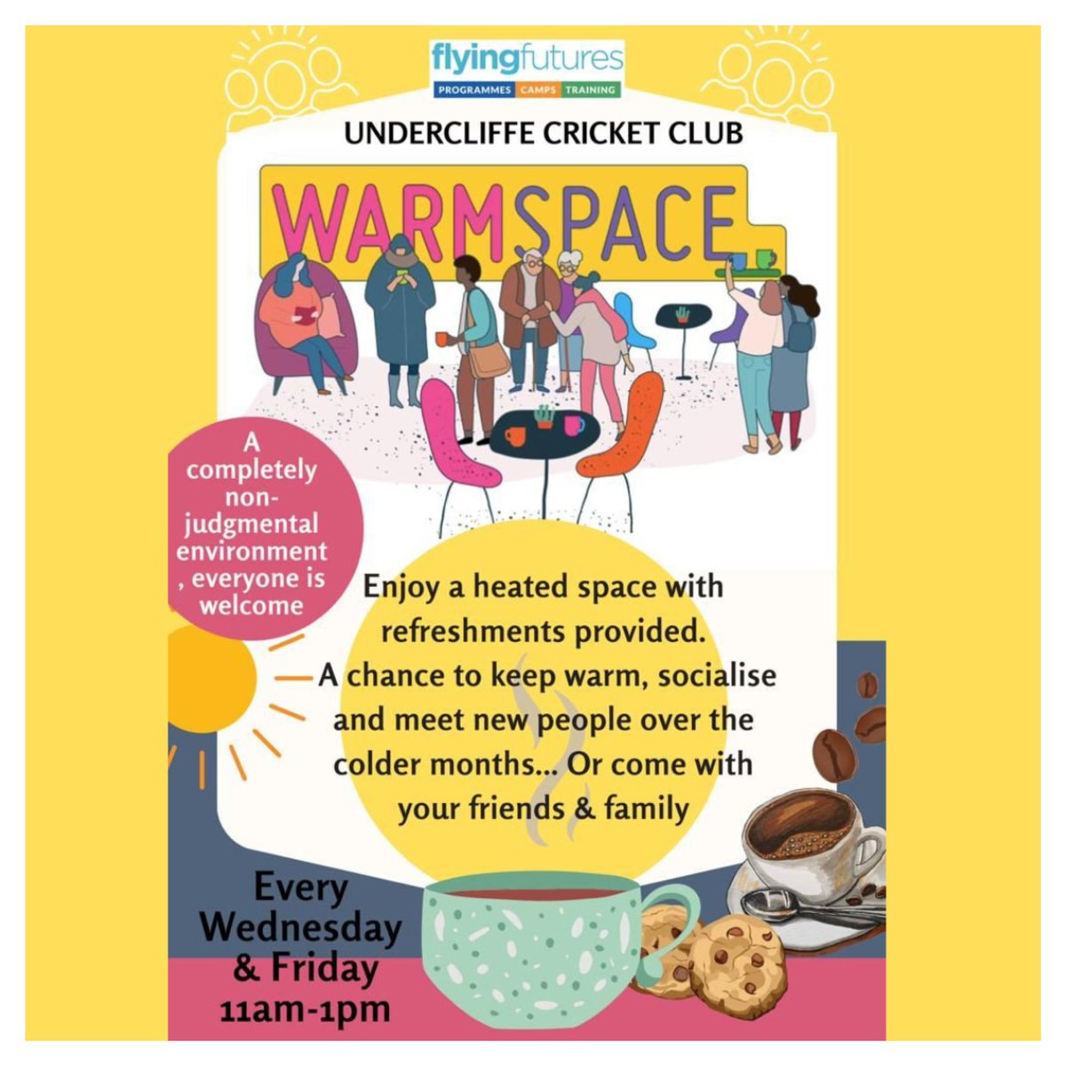 FlyingFutures's tweet photo. Wednesday and Friday’s 11am - 1pm at Undercliffe Cricket Club, join us at Warmspace. 

Socialise, meet new people, enjoy refreshments and keep warm through the colder months. 

#warmspace #undercliffe #flyingfutures #bradford #undercliffecricketclub https://t.co/wdNaHh98M1
