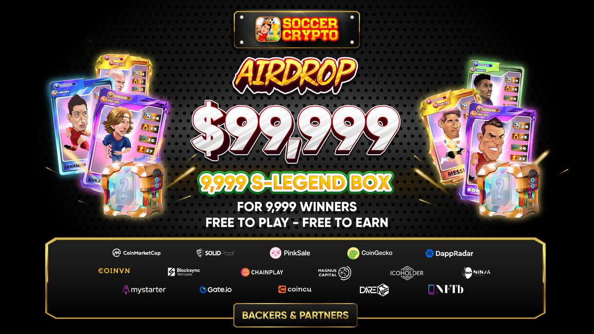 🚀 Soccer Crypto S-LEGEND NFT BOX AIRDROP is Live! 💰 Rewards: $99,999 S-Legend NFT Box 👉 For 9,999 Winners 📥 Distribution date: November 15th 🔹Complete the tasks 🔹Submit other details on the airdrop page 🤜Join Now: bit.ly/AirdropNFTSocc… #SoccerCrypto #worldcup2022