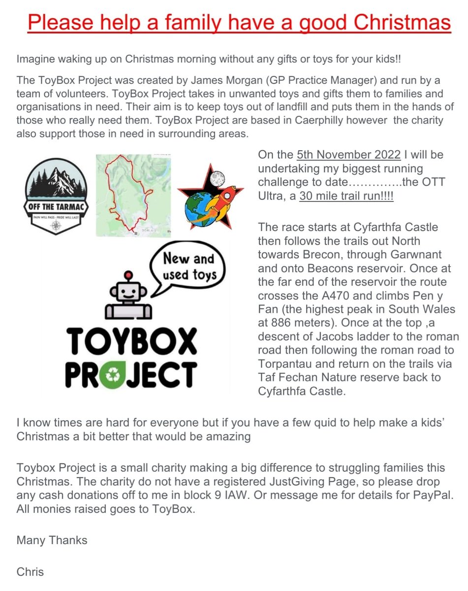 On Saturday Chris is running a 30 mile ultra ,raising money for the wonderful <a href="/ToyboxProjectUK/">ToyBox Project</a> !! 
It's his longest,toughest run to date. Christmas isn't the same for us anymore so we wanted to make it the best for other families. Please read below 👇🏽RT &amp; help out if you can...❤️