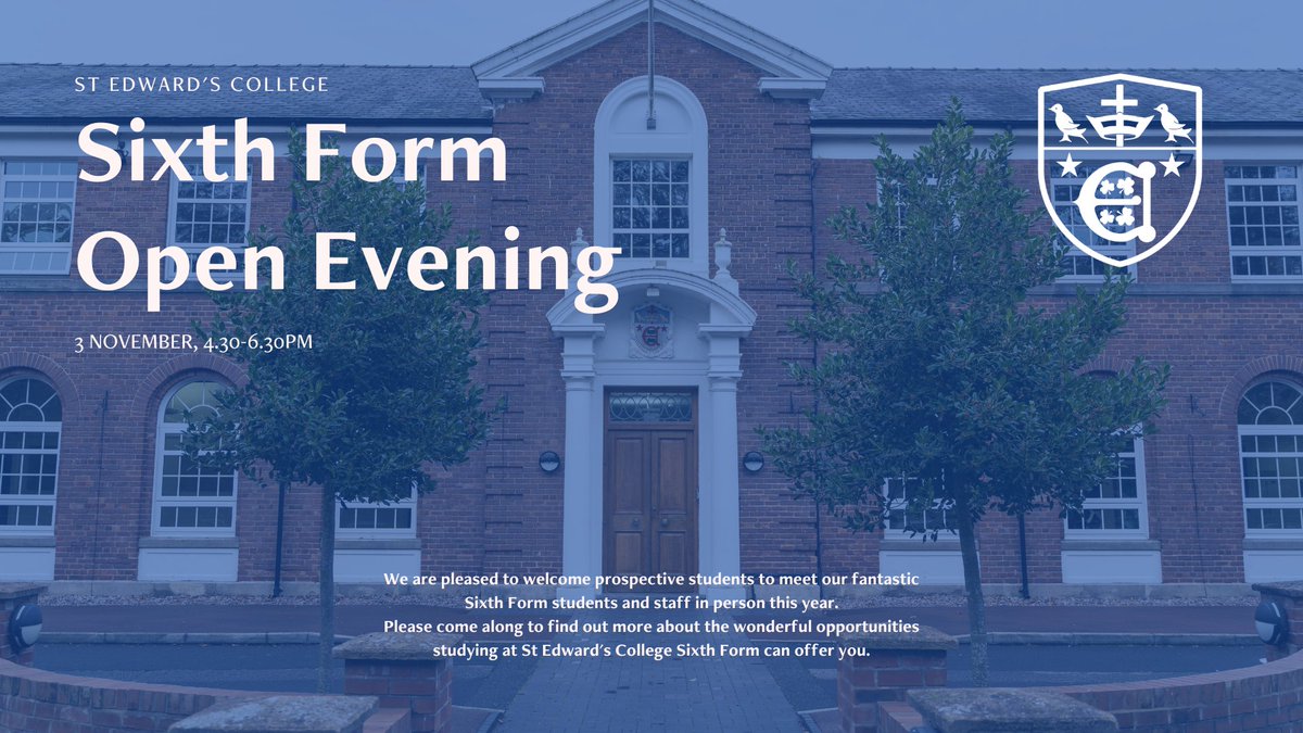 StEdwardsColl's tweet photo. Come and join us in our Sixth Form Open Evening event on Thursday 3 Nov @ 4.30pm.

Please come along to find out more about the wonderful opportunities studying at St Edward's College Sixth Form can offer you. https://t.co/cLqIOuHGsF