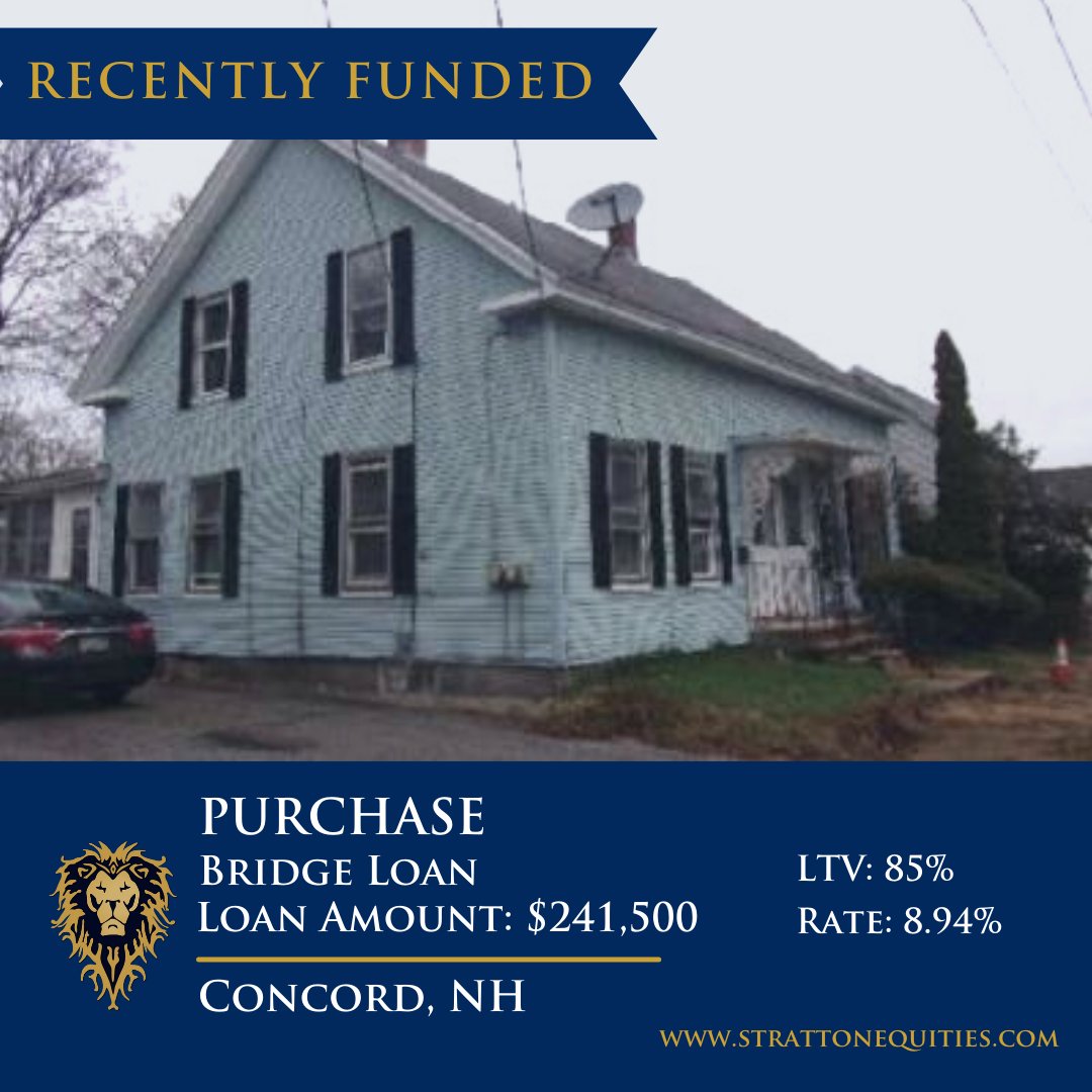 Strattonequity's tweet photo. RECENTLY FUNDED! Concord, NH!

85% LTV/ 8.94%

#realestateinvestor #strattonequities #bridgeloan #bridgeloans #hardmoney #mortgages #loanprogram #cashout #refi #privatelender #firsttimebuyer #recentlyfunded #investor #property #investment #realestate #realestateagent #invest #nyc https://t.co/IFsodYSMtI