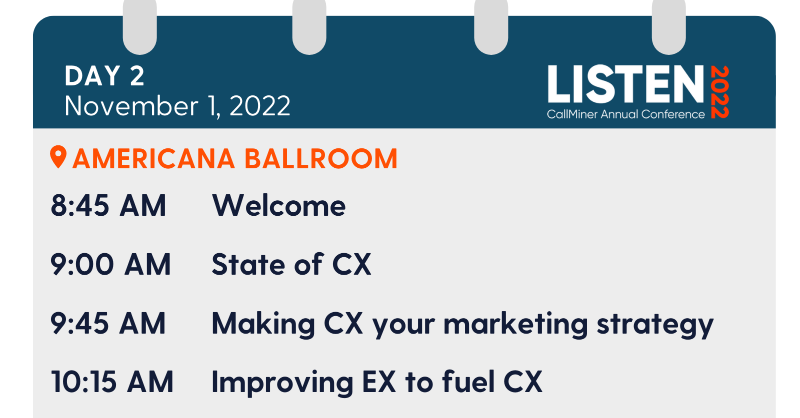 CallMiner's tweet photo. #LISTEN2022 day two is here! Join us in the Americana Ballroom for:

1️⃣8:45am: Welcome from CallMiner CMO @e_dubbleu
2️⃣9am: CallMiner CTO @jeffgallino's state of #CX industry
3️⃣9:45am: Keynote with #CX expert @dgingiss
4️⃣10am: #EX session with @sitel_worldwide's @ckuehlS