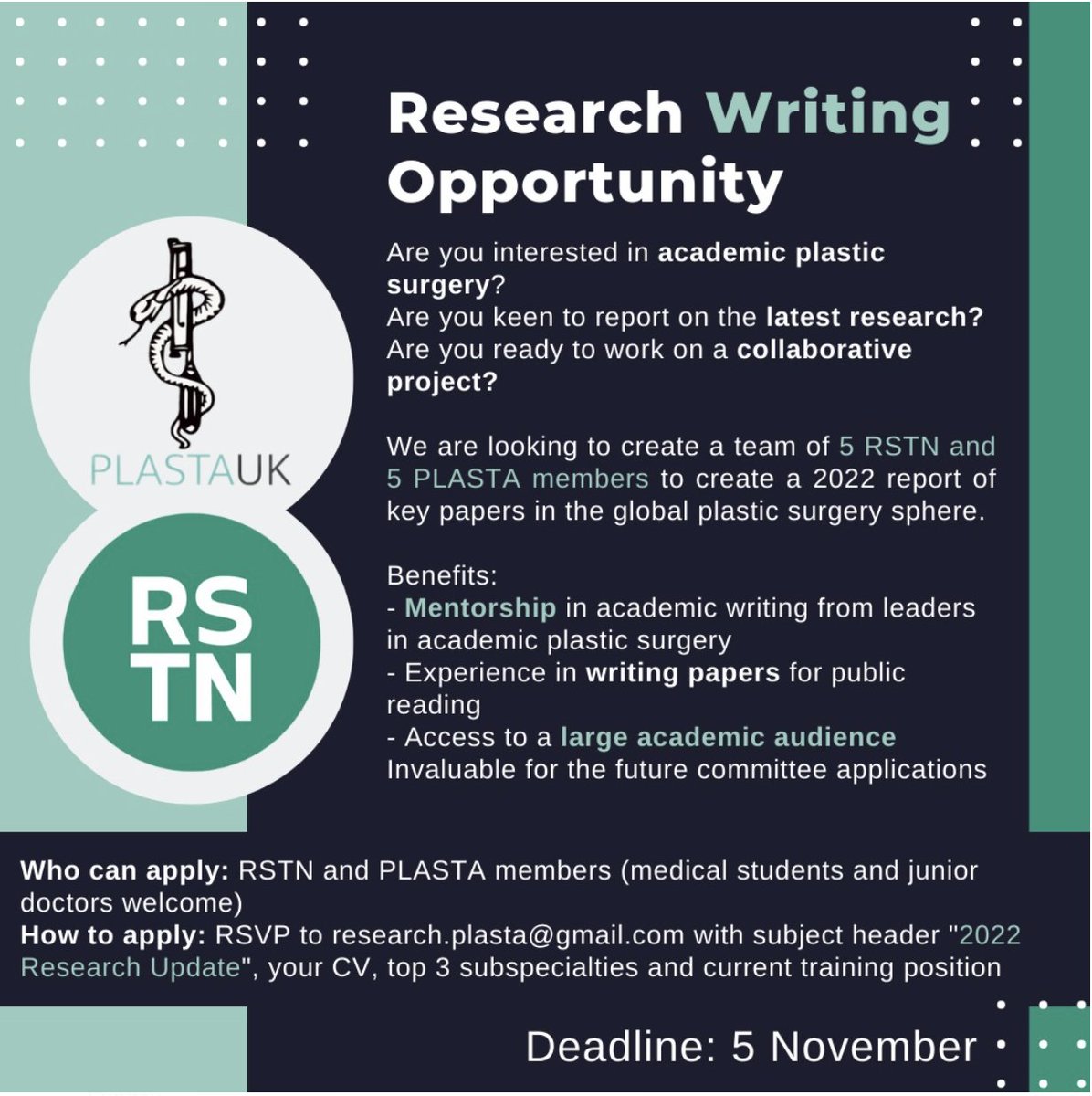 🚨RESEARCH WRITING OPPORTUNITY

We are looking to create a team of 5 <a href="/Surgery_Trials/">RSTN</a>  and 5 <a href="/PLASTAUK/">PLASTA</a> members to create a 2022 report of key papers in plastic surgery!

⏰DEADLINE: 5th November 2022

Instructions to apply: detailed below⏬