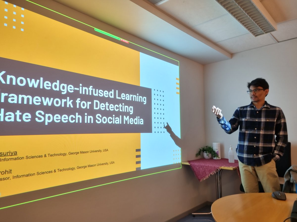 Exciting guest seminar today on "Knowledge-infused Learning for Detecting Hate Speech in Social Media" by <a href="/wayasas/">Yasas Senarath</a> of <a href="/human_info_lab/">Human-Info-Lab</a> <a href="/GeorgeMasonU/">George Mason University</a>, who is the team member of our #SOCYTI project. After his talk there was time for exciting discussions with @vestforsk colleagues.