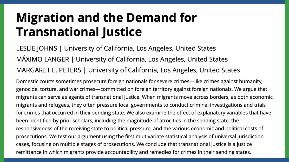American Political Science Review (@apsrjournal) on Twitter photo Leslie Johns, Maximo Langer, & <a href="/MigrationNerd/">Dr. Margaret Peters</a> argue economic and refugee migrants are agents of transitional justice.
#APSRNewIssue
#PoliSciResearch
ow.ly/fw4J50LnrS8 Leslie Johns, Maximo Langer, & <a href="/MigrationNerd/">Dr. Margaret Peters</a> argue economic and refugee migrants are agents of transitional justice.
#APSRNewIssue
#PoliSciResearch
ow.ly/fw4J50LnrS8
