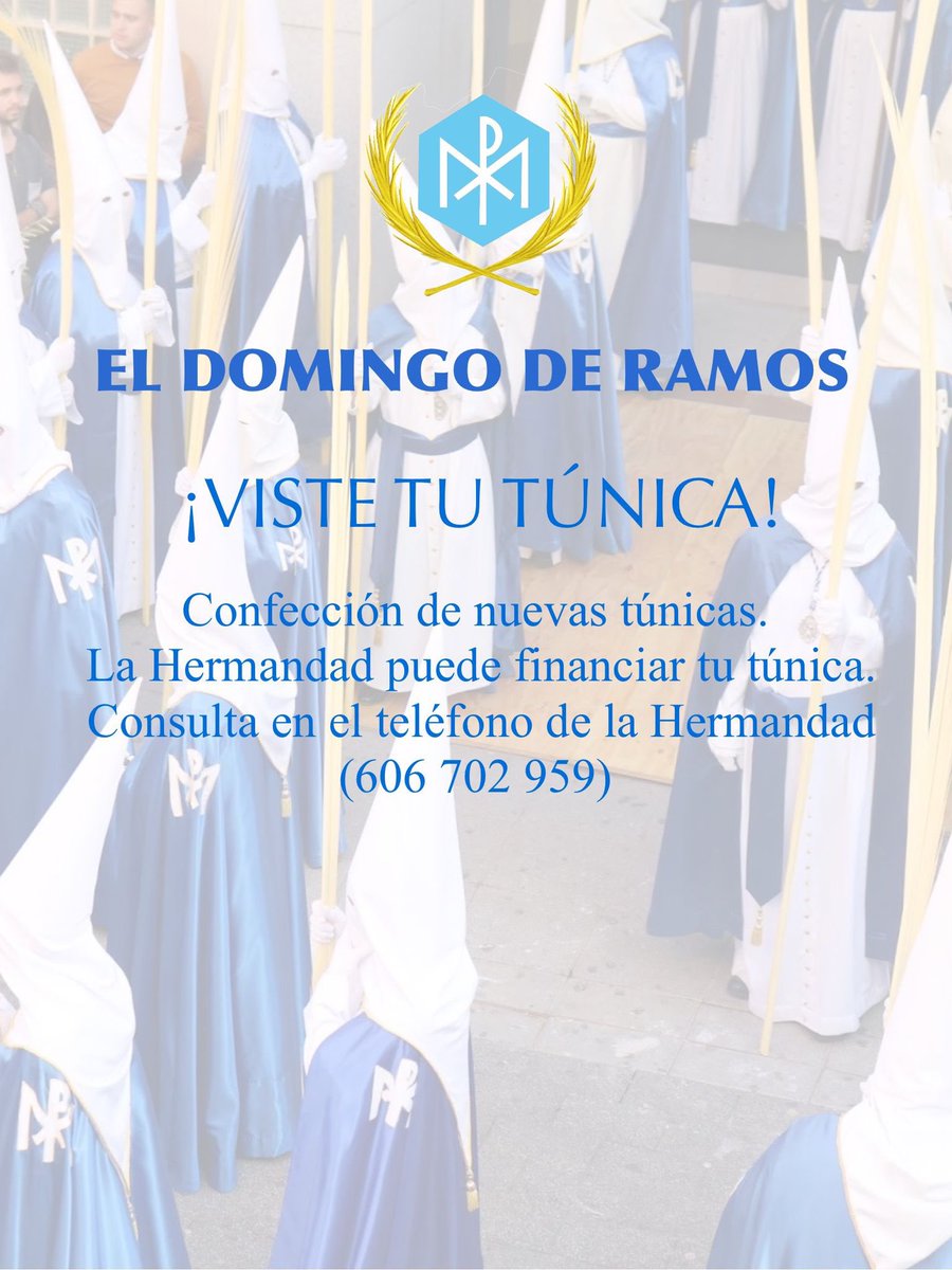 La Hermandad de las Palmas les informa que si desean procesionar con  túnica de nazareno el Domingo de Ramos, tenemos los medios para que se puedan confeccionar las túnicas, así como facilitar la forma de pago.
Estamos a su disposición en el teléfono de contacto.
