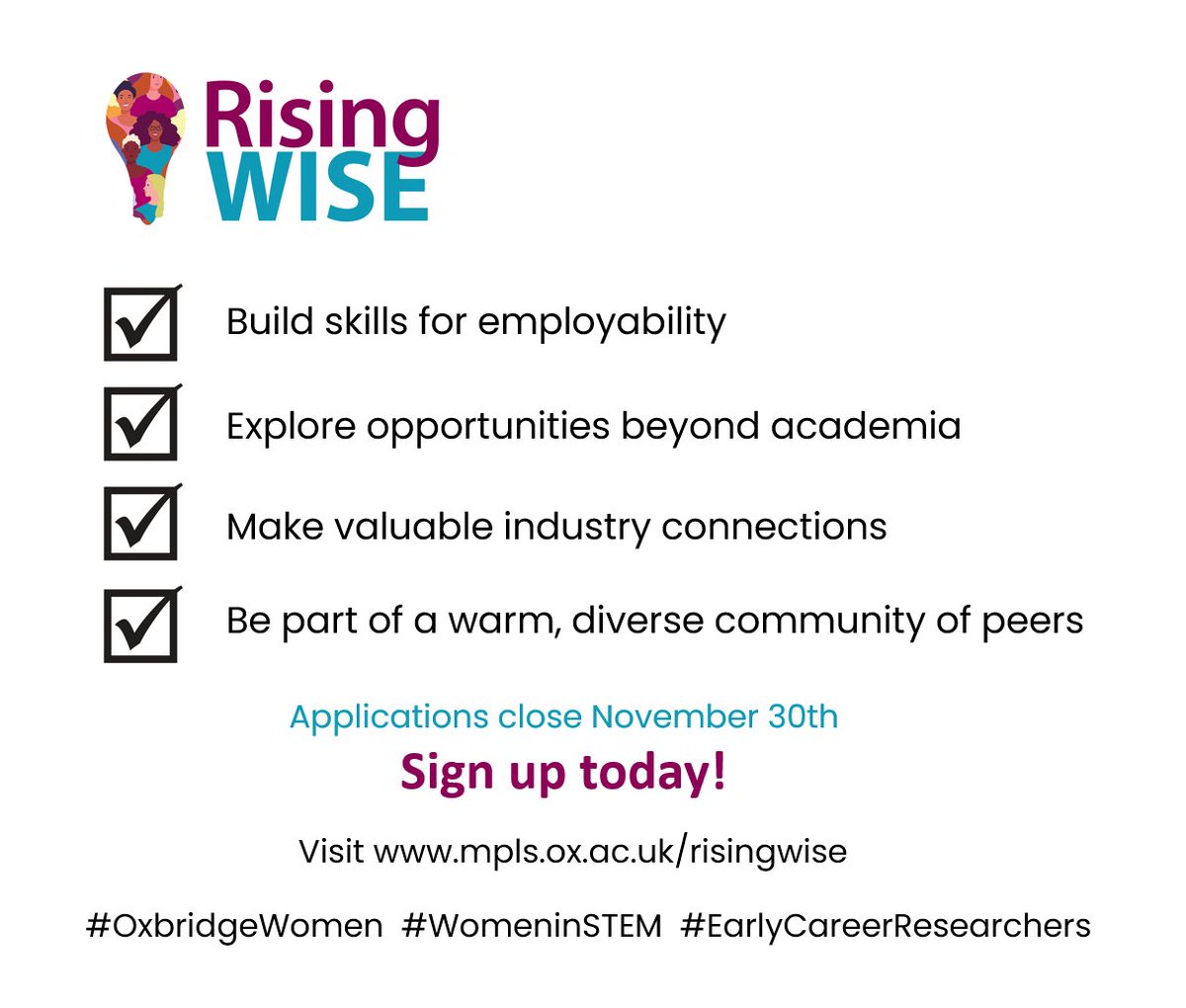 Applications now OPEN! Are you a #womeninstem #researcher @UniOfOxford or @UniOfCambridge? Join #RisingWISE and gain #community #womensupportingwomen #enterprise #skills #career perspectives and more! mpls.ox.ac.uk/risingwise @valuesdoc @mplsoxford @enterprisingox @OxfordECentre