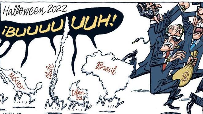 dete2666's tweet photo. La viñeta de #ManelFontdevila.
México, Argentina, Chile, Colombia y Brasil, los cinco grandes de América del Sur gobernados por la izquierda. https://t.co/WF22EDl69c