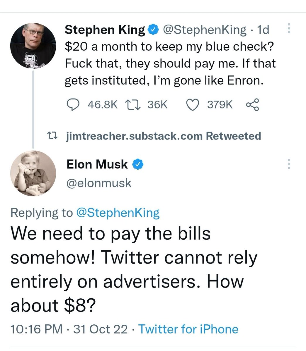@elonmusk @StephenKing Only on Twitter can we watch a man worth $200 billion negotiate with a man worth $500 million about saving $12 a month.