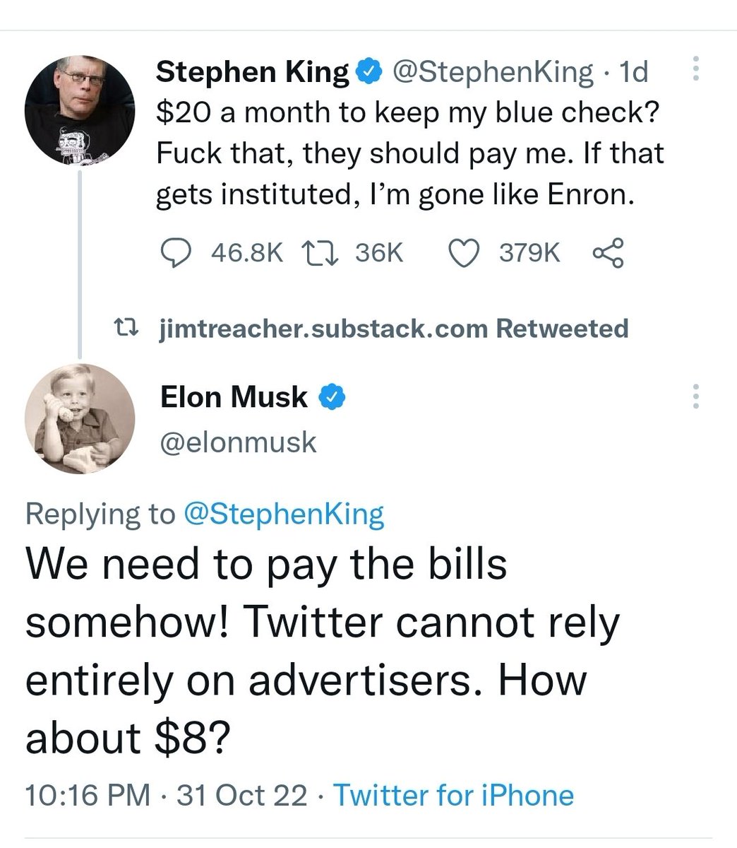 Joelmpetlin's tweet image. Only on Twitter can we watch a man worth $200 billion negotiate with a man worth $500 million about saving $12 a month.