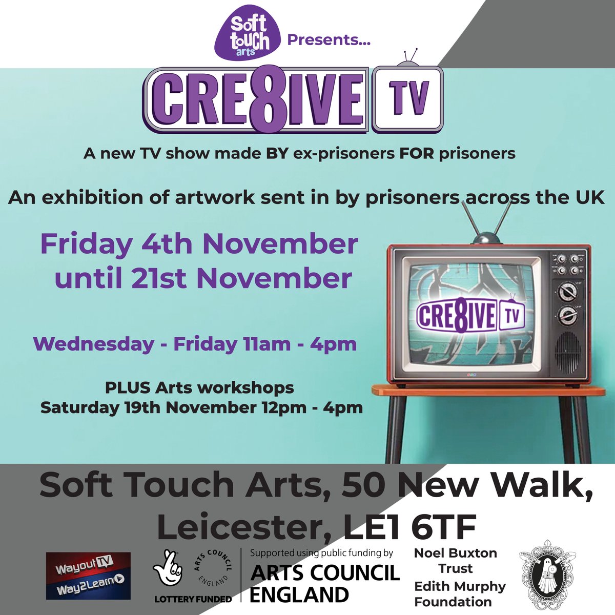 INVITATION!
Our new exhibition opens this Friday, featuring work from prisoners across the country who felt inspired by our Cre8ive TV show. 

Keep an eye out for more information about workshops on 19th November, to discover how art gets made in prison and get creative with us.