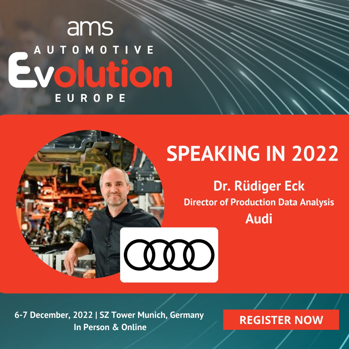 We are pleased to announce that Dr. Ruediger Eck, Director of Production Data Analysis at Aldi is the most recent addition to the AMS Automotive Evolution Europe speaker line-up. Only 5 weeks until doors open on 6-7 Dec in Munich! Register today > bit.ly/3U6mBvb