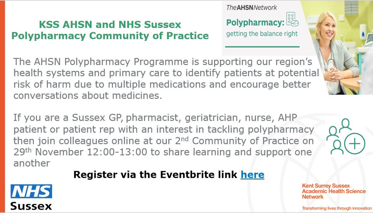 The 2nd Sussex Polypharmacy Community of Practice is 29th November 12:00-13:00. People from a wide range of disciplines; GP’s,  pharmacists, geriatricians, ANP’s and more, are exploring the challenges polypharmacy brings. Register to join us via Eventbrite gbr01.safelinks.protection.outlook.com/?url=https%3A%…