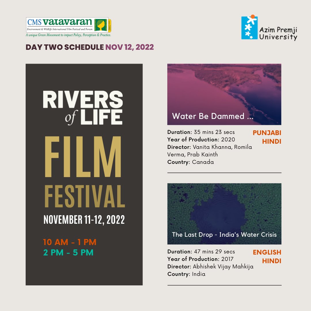 azimpremjiuniv's tweet photo. CMS VATAVARAN is coming to Azim Premji University for a two day film festival. Find their day 2 schedule here!

Register for a day pass here - https://t.co/4OixADS7KM

Link to the schedule -  https://t.co/qTT6RUeoXR

#RiversOfLife #RiversOfIndia #PhotoExhibition https://t.co/etUj0LskSQ