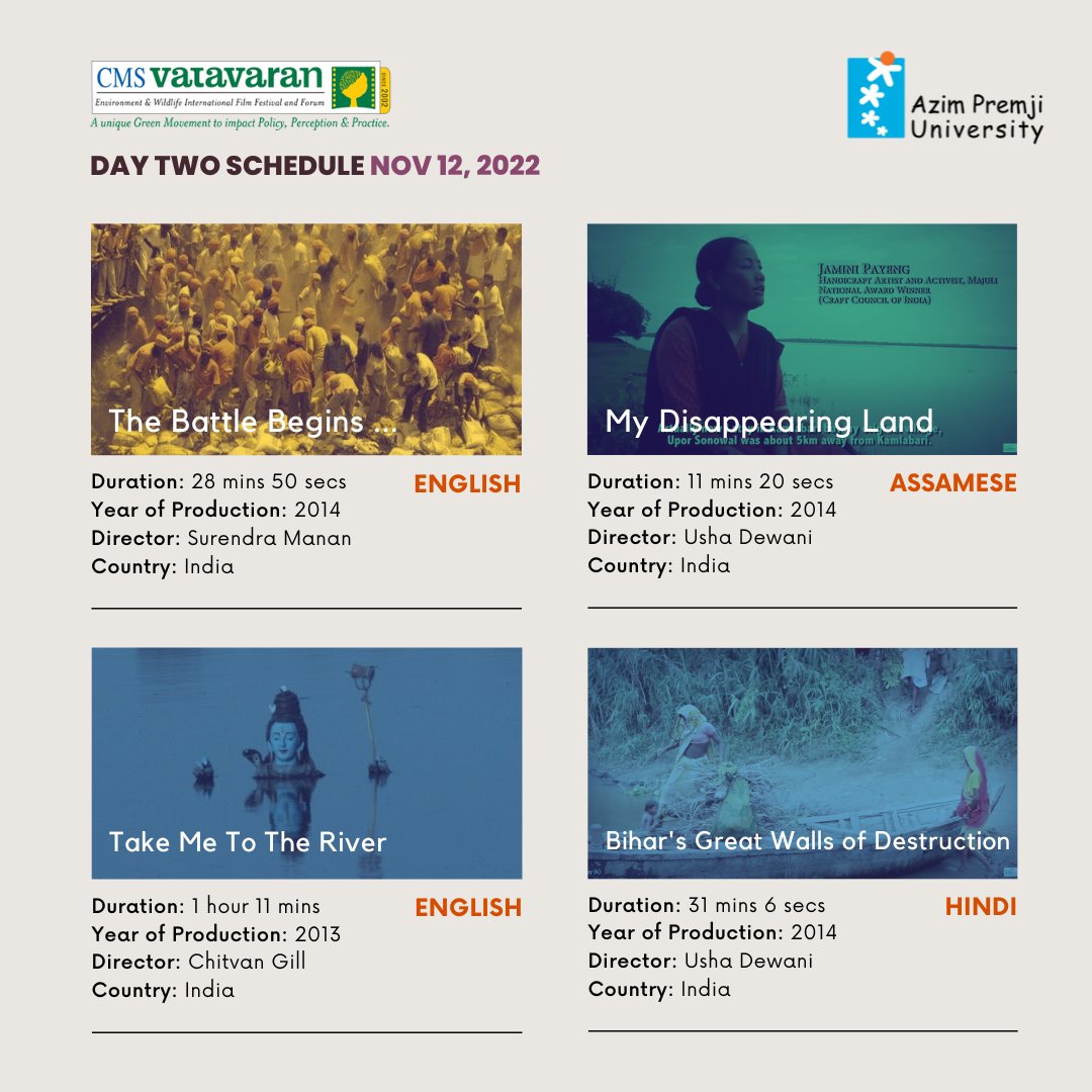azimpremjiuniv's tweet photo. CMS VATAVARAN is coming to Azim Premji University for a two day film festival. Find their day 2 schedule here!

Register for a day pass here - https://t.co/4OixADS7KM

Link to the schedule -  https://t.co/qTT6RUeoXR

#RiversOfLife #RiversOfIndia #PhotoExhibition https://t.co/etUj0LskSQ