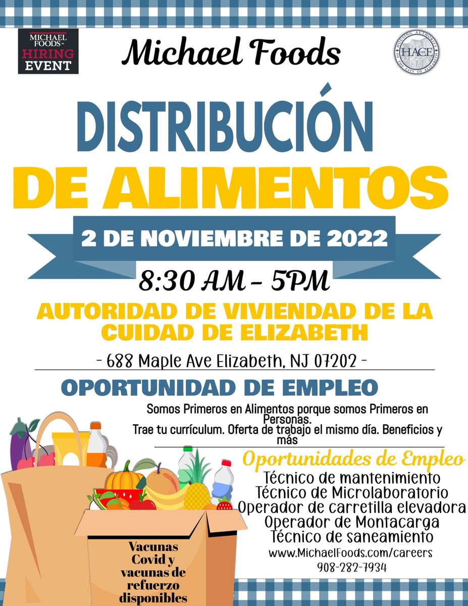 HACE_NJ's tweet photo. 📣Elizabeth &amp; Union County residents: Don't miss our #FoodDistribution &amp; #HiringEvent, tomorrow! This event is open to all and @MichaelFoods will be conducting on-the-spot hiring, so bring your resume. COVID-19 testing &amp; vaccines, including boosters, will also be available. 1/2 https://t.co/Gv5zzqevvc