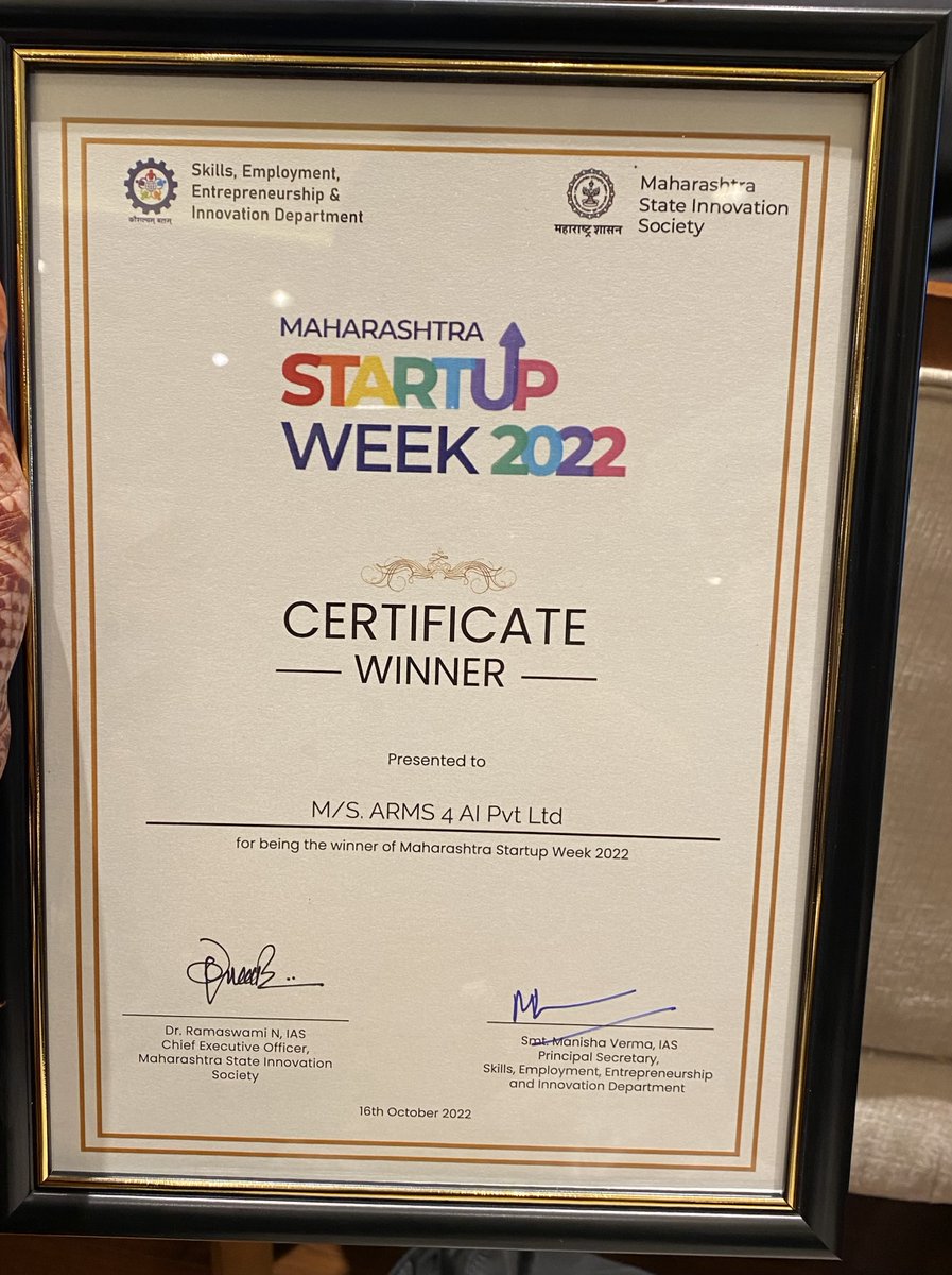 Arms4AI1's tweet photo. We are delighted to be selected as one of the winners in the @mahastartupweek contest held by #MaharashtraStateInnovationSociety.
Grateful to receive this prize from Dep CM @Dev_Fadnavis and Hon. Governor Shri @BSKoshyari to provide our #innovation in the Governance sector https://t.co/GBardiv0mS
