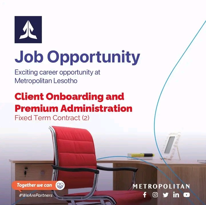 BusinessWorldLS's tweet image. Metropolitan Lesotho is hiring
Client Onboarding and Premium Administration – Fixed Term Contract (2)
To apply, click on this link: bit.ly/3DkPz2F

#MetropolitanLesotho #TogetherWeCan #WeArePartners

#basothopele
#fightingpoverty