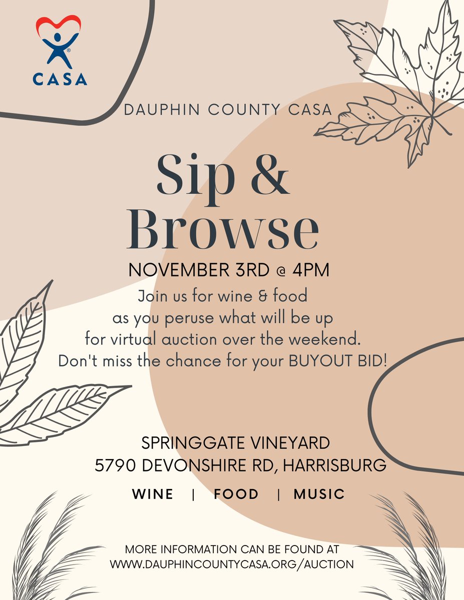 nellabom's tweet photo. Be sure to support @DauphinCoCASA at the #SipandBid events THIS WEEK at @SpringgateVineyard Harrisburg! CASA advocates for #fosterchildren in court! #ChangeTheirStory ⚖️ #auction https://t.co/xNCPeSfHB0