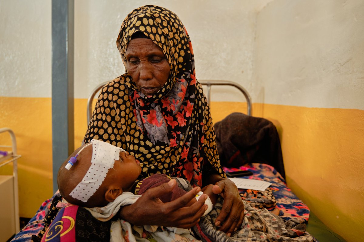 “We have been in the hospital for two nights after loosing all our livestock to drought,” said Habibo as she holds her grandson Alamin, suffering from acute malnutrition. Catastrophic hunger levels have displaced over one million people. 513,000 children are at risk of dying.