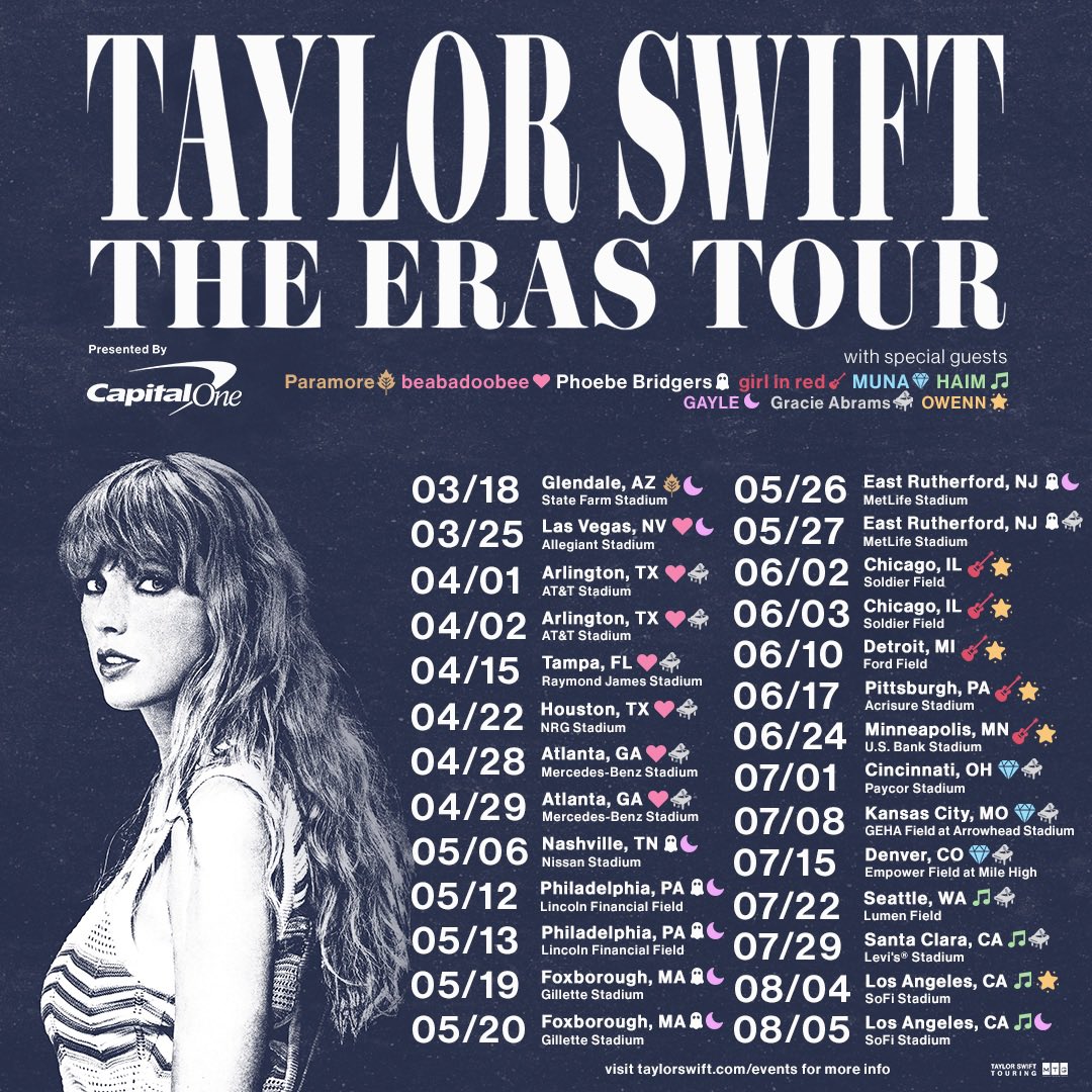 I’m enchanted to announce my next tour: Taylor Swift | The Eras Tour, a journey through the musical eras of my career (past & present!) The first leg of the tour will be in stadiums across the US, with international dates to be announced as soon as we can!
https://t.co/KFuqvrhSGo 