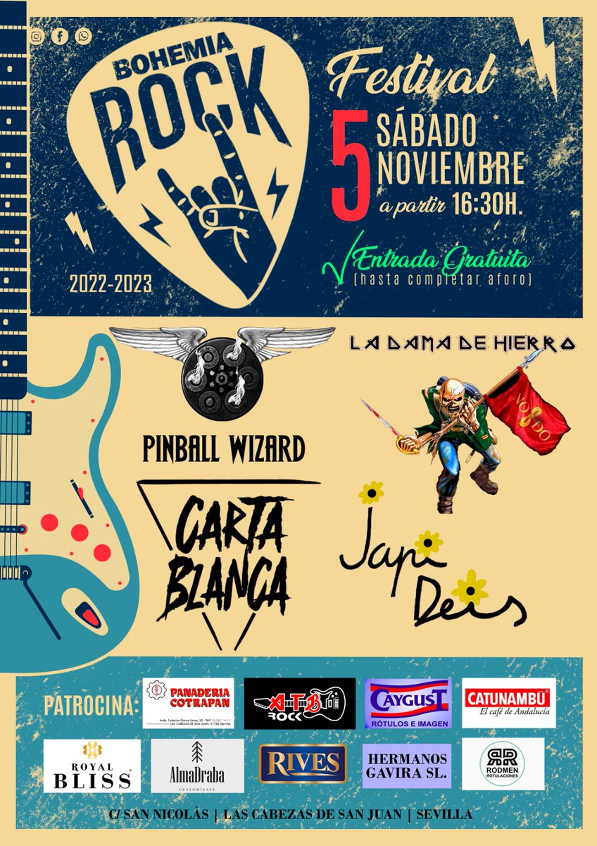 ¡Hacemos una parada en la grabación de nuestro disco para subirnos al escenario del Festival Bohemia Rock Festival! 🤘🏻

Este sábado 5 de noviembre estaremos en Las Cabezas de San Juan junto a las bandazas <a href="/CartaBlancaRock/">Carta Blanca</a>, La Dama de Hierro y Japi Deis a partir de las 16:30h 🔥