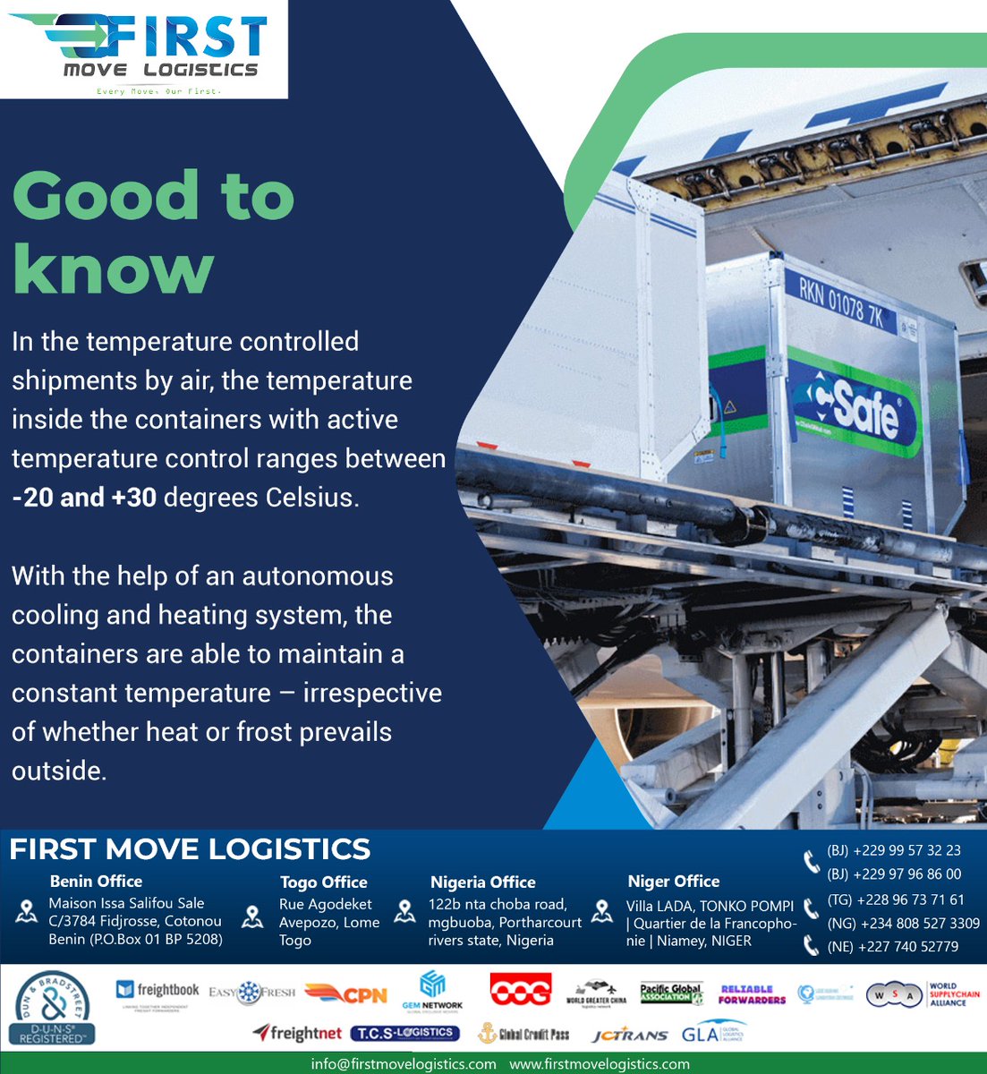 FirstMoveLog's tweet photo. Good to know
In the temperature controlled shipments by air, the temperature inside the containers with active temperature control ranges between -20 and +30 degrees Celsius.
#freightforwarding #freight #nvocc #cargoservices #fclservice #lclservice #customclearance https://t.co/FB2rsKvB4J