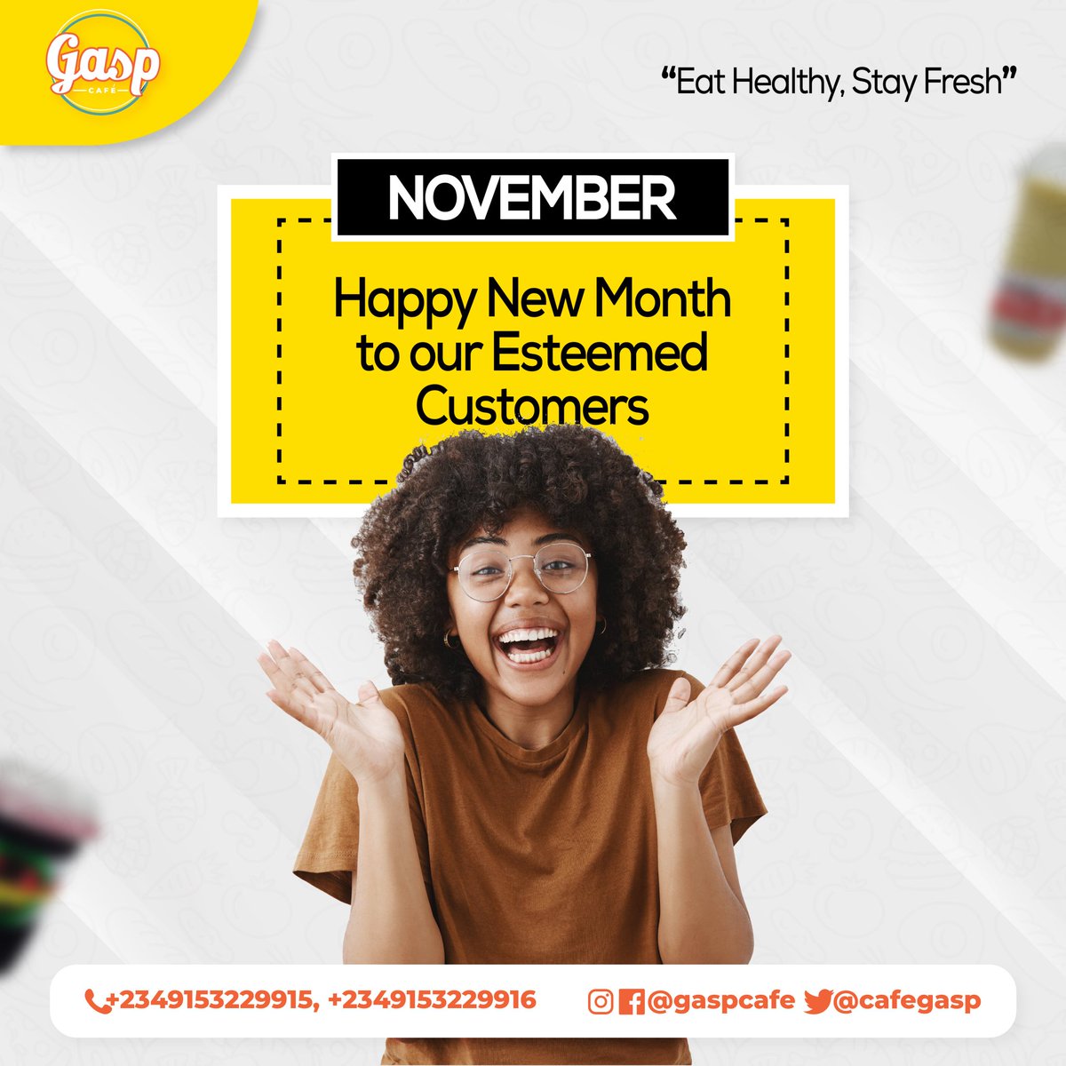 CafeGasp's tweet photo. Happy new month Gaspians 😁

Wishing you all the healthiness and fulfillment November has to offer. https://t.co/rPyKkpMtRt