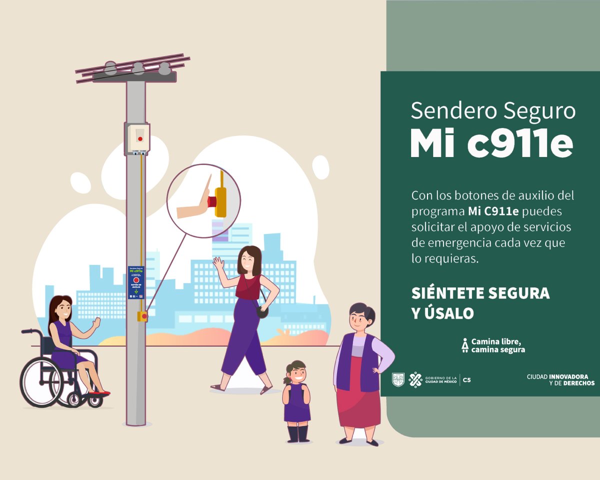 C5_CDMX's tweet photo. Con el Botón de Auxilio de los postes Mi C911e las mujeres que viven y transitan por la CDMX pueden solicitar el apoyo de los servicios de emergencia en cualquier momento.🔴📹
Siéntete segura y úsalo en caso de ser necesario. 👩🏻‍🦱🚔👮🏻‍♀️✅
 #SenderoSeguro #CiudadSegura
#NoEstásSola👥 https://t.co/mrgTNajBR3