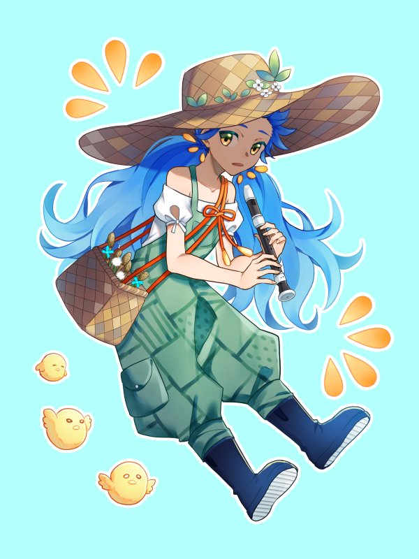 1girl hat blue hair long hair instrument solo flower  illustration images