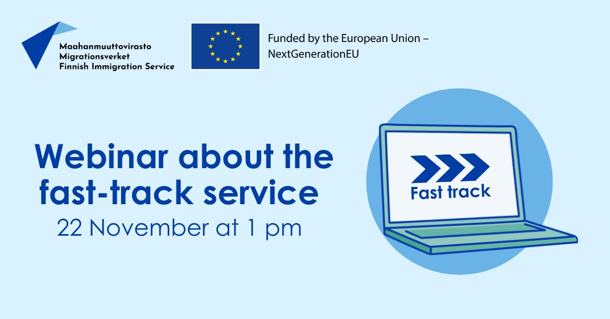 Maahanmuuttovir's tweet photo. Specialists and start-up entrepreneurs have been able to use our 14-day fast track service since June! #talentboost #finlandworks

Employees and employers, join now our webinar on 22 November to hear more about the fast track. Register to receive the link: https://t.co/ynp5PR3HTj https://t.co/1zprWxgQOI