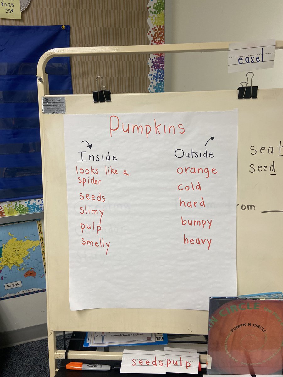 Kdg friends observed the inside and outside of a pumpkin. Then we read Let’s Carve a Pumpkin on <a href="/LearningAtoZ/">Learning A-Z</a> and made our own! <a href="/GlebeAPS/">Glebe Elementary APS</a> @APS_ESOL