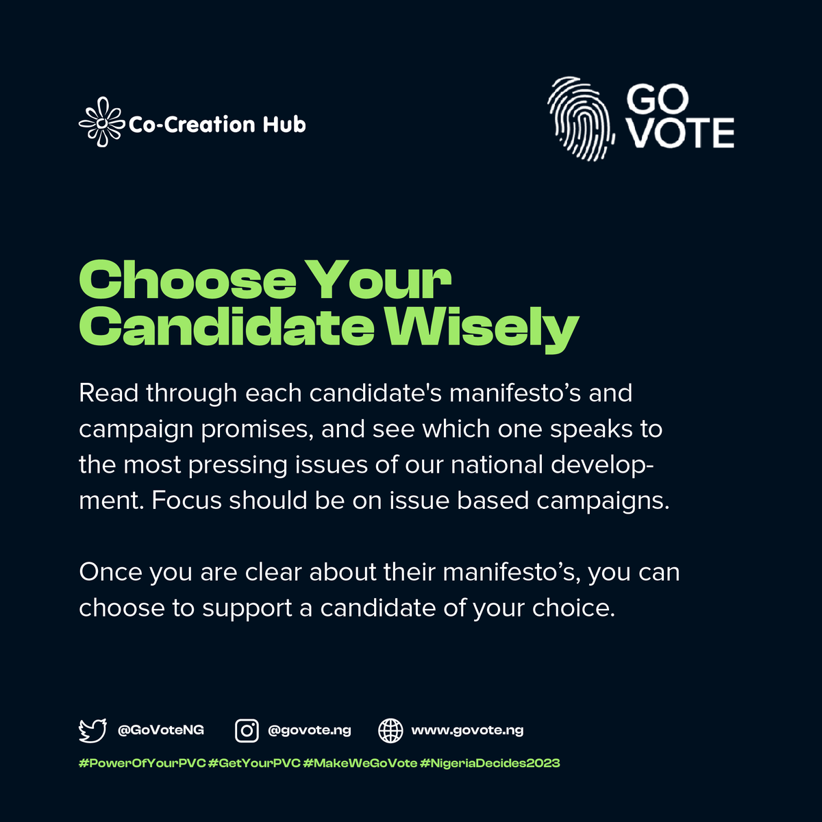 GovoteNg's tweet photo. To vote your choice candidate in the 2023 election, you need a PVC. Ensure to collect your PVCs now to avoid last minute rush at collection INEC offices.
#Get5VotingPartners to collect their PVCs.
#MakeWeGoVote
#Nigeriadecides2023 https://t.co/MQIO4Jg02C