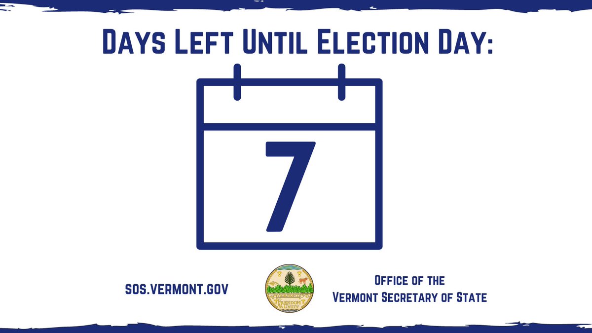 VermontSOS's tweet photo. We are ONE WEEK away from #2022Election Day!
If you're planning to vote early, bring your ballot directly to your Town/City Clerk, or use a secure drop box if available, otherwise make a plan to vote at the polls on E-Day. Our democracy grows stronger when we all vote! #VTVotes https://t.co/BBGNf8cioJ