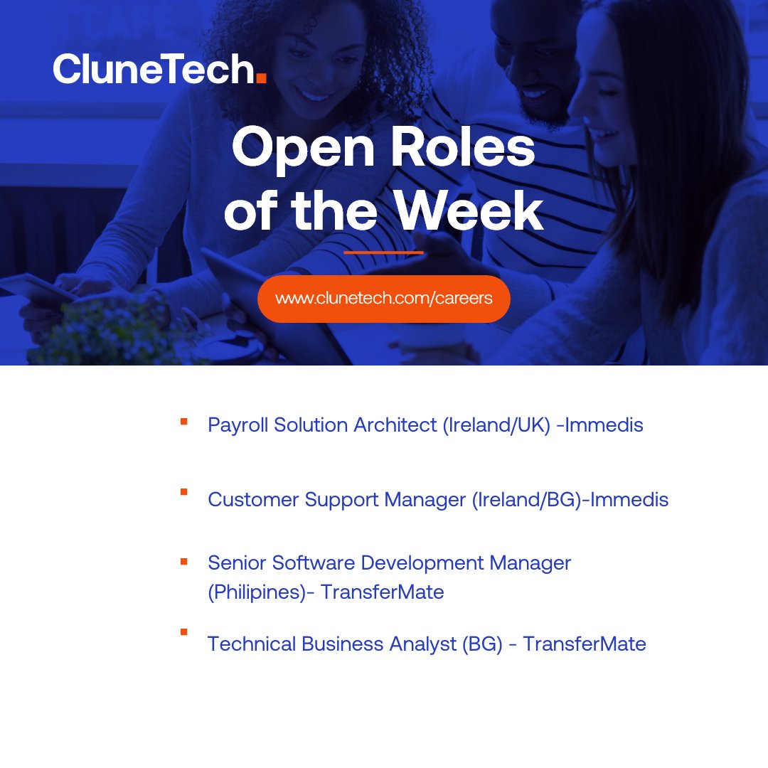 CluneTech's tweet image. Open Roles of the Week. CluneTech are hiring!
Join our technology hub and support entrepreneurial leaders and fantastic new businesses with solutions that make business better. Here are just some of the exciting opportunities currently available in CluneTech.
#FinTech #CluneTech