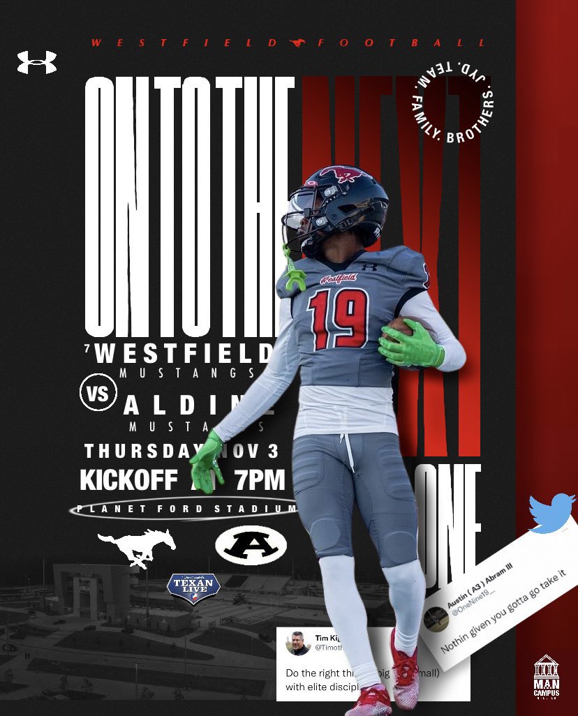 🏈GAME WEEK 11 🆚 (HOME) 7 Westfield vs Aldine 🗓 Thursday, Nov 3 ⏰ Kickoff at 7:00PM CT 🏟 Planet Ford Stadium 📺🎙 Texan Live @Texan_Live