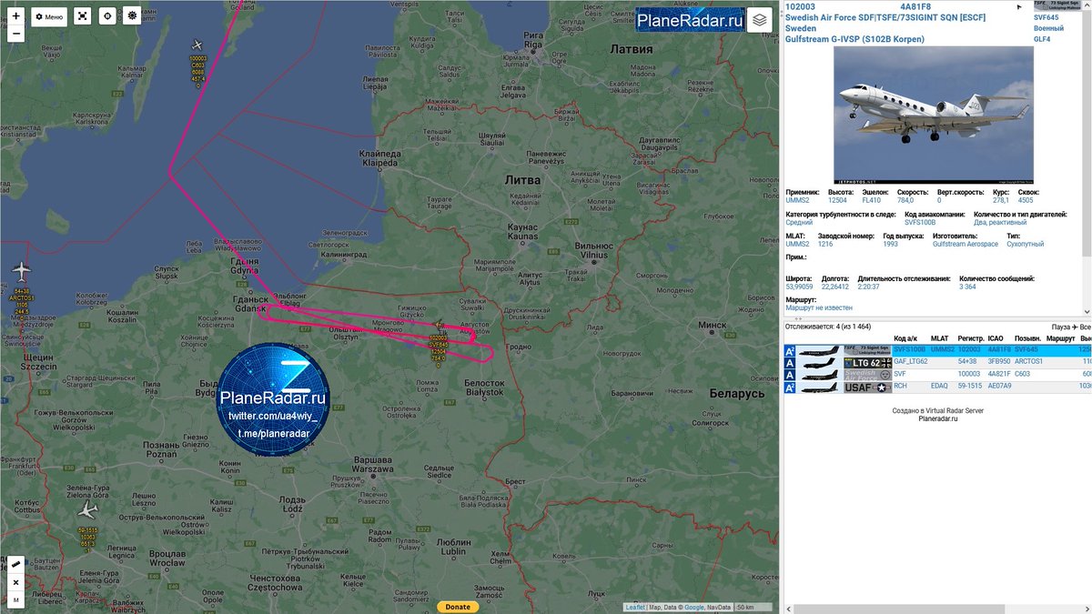 ua4wiy_'s tweet photo. 15:40 мск.
Самолёт радиоэлектронной разведки ВВС Швеции🇸🇪 #Gulfstream GIV SP (S102B Korpen) с бортовым номером 102003, позывной #SVF645, взлетевший с авиабазы Линчёпинг ( ICAO: ESCF), производит полёт около границ Калининградской области🇷🇺.
#Kaliningrad #SwedishAF https://t.co/Ir00hzH2RO