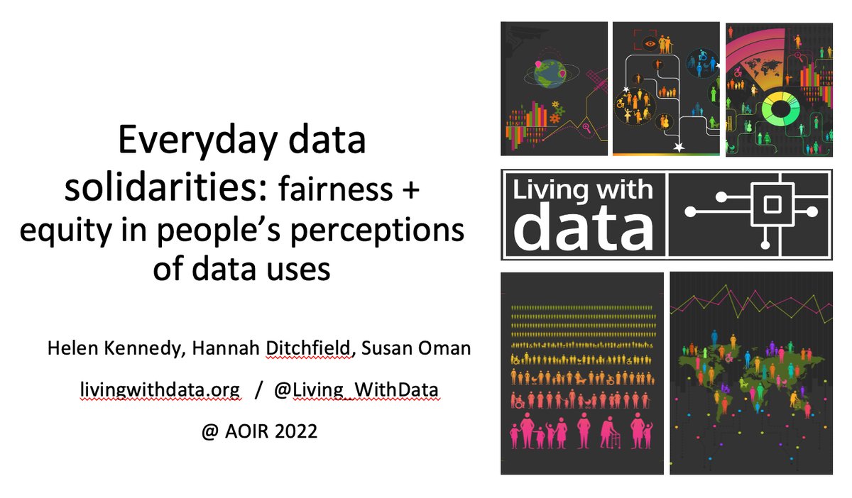 We'll be presenting <a href="/Living_WithData/">Living With Data</a> findings @ #AoIR2022 on Friday 4th Nov at 9am in the panel on Data Justice.

We'll be talking about Everyday Data Solidarities, or how fairness &amp; equity come together in people's views of public sector orgs' uses of personal data.