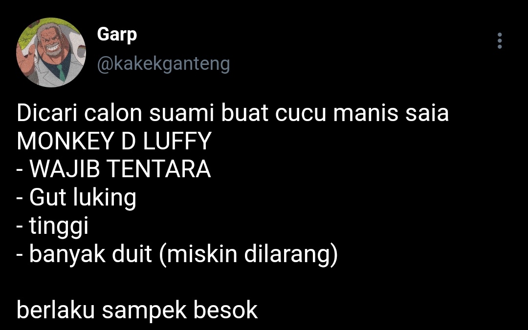 Esdawetmocacino's tweet photo. — #lawlu few tweets au
© mocarin 🐥

Kakek Garp yang ingin punya mantu tentara 💂 https://t.co/jZf2swa9zI