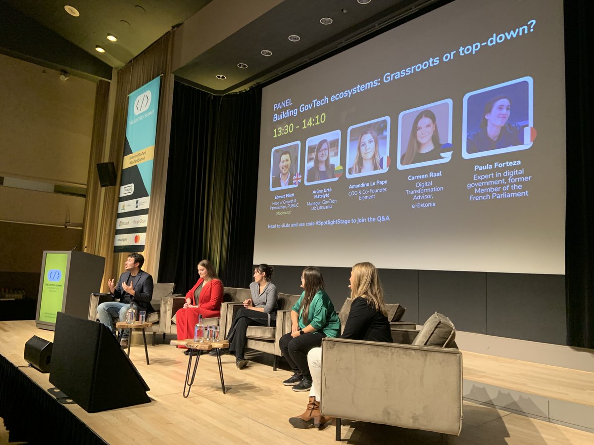 All-female panel 💛 and the discussion about building #GovTech ecosystems with
<a href="/arunemat/">Arune</a>, <a href="/AmandineLePape/">Amandine Le Pape</a> &amp; #CarmenRaal from <a href="/e_estonia/">e-Estonia</a> 

#GovTechSummit