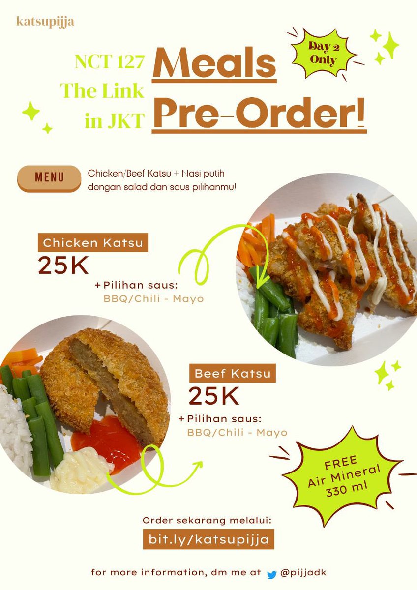 PIJJAdk's tweet photo. [Open Pre-Order Meals-NCT The Link in Jakarta]

Halo czennies! 💚
Aku open order makanan untuk konser NCT day 2 nih! Ada chicken &amp; beef katsu cuma 25k aja udah +nasi dan free air mineral!
📅 5 November 2022
📍 ICE BSD
📝Order: https://t.co/PEqdw3sXb7

#TheLinkinJKT #NCT127inJKT https://t.co/Dyhu3kJawc