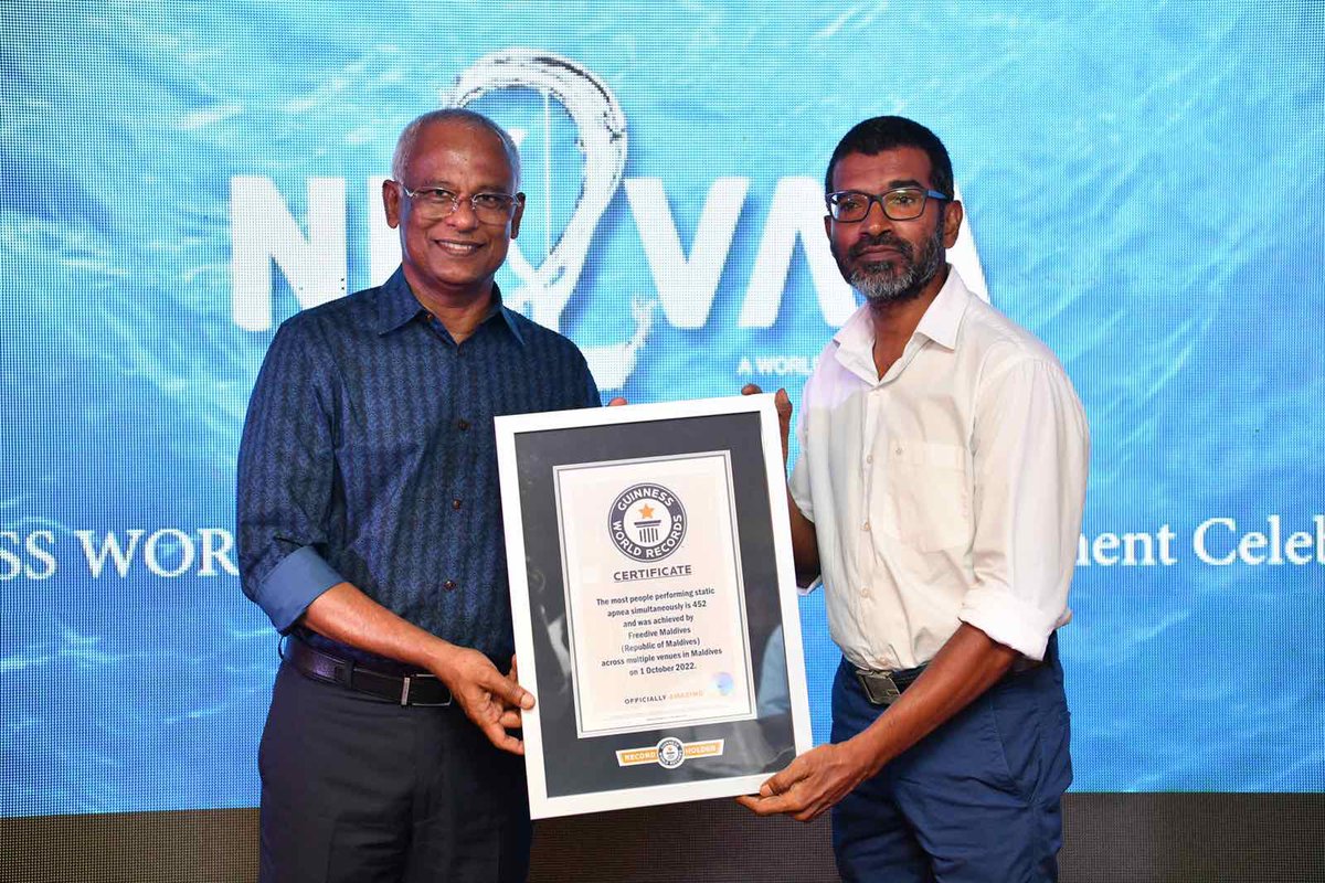CustomsMv's tweet photo. Congratulations CCO Mohamed Fazeel & SCOG2 Aiman Mohamed for being recognized for their contribution as Guinness Judges, observing #neyvaa 2 - the successful world record attempt by 🇲🇻 for the “most number of people free-diving simultaneously”.
@MariyaDidi
@AbdullaSh4reef https://t.co/a0w2AmefY0